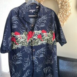 Koa Road Hawaiian black green red 100% cotton button front tropical shirt, XL